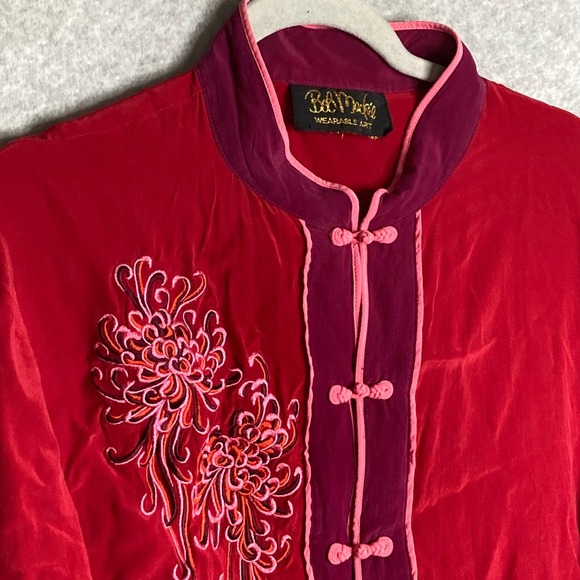 Vintage Bob Mackie Wearable Art Red Silk Floral Embroidered Mandarin Collar Top - Picture 1 of 8